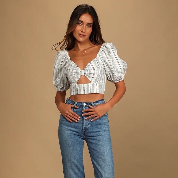 Lulus Black Striped Knot-Front Puff Sleeve Crop Top, Size Large, Black /… - Picture 7 of 10